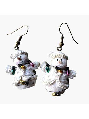 Snowman Earrings White Christmas Lights Dangle Drop Winter Holiday Jewelry